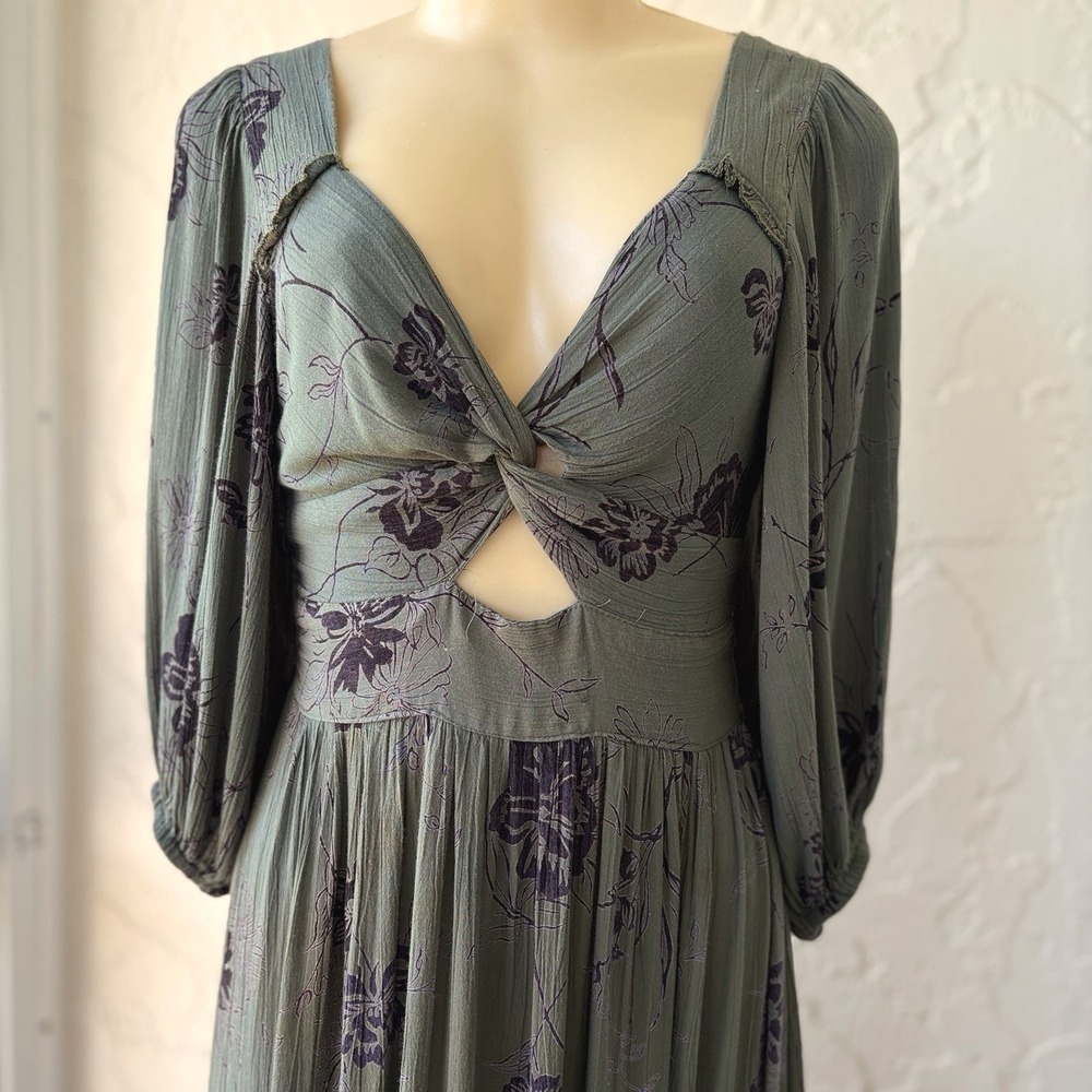 Angie Midi Dress Size M Olive Green Boho/Festival3/4 Sleeve Tiered Gypsy V-Neck - Picture 4 of 11